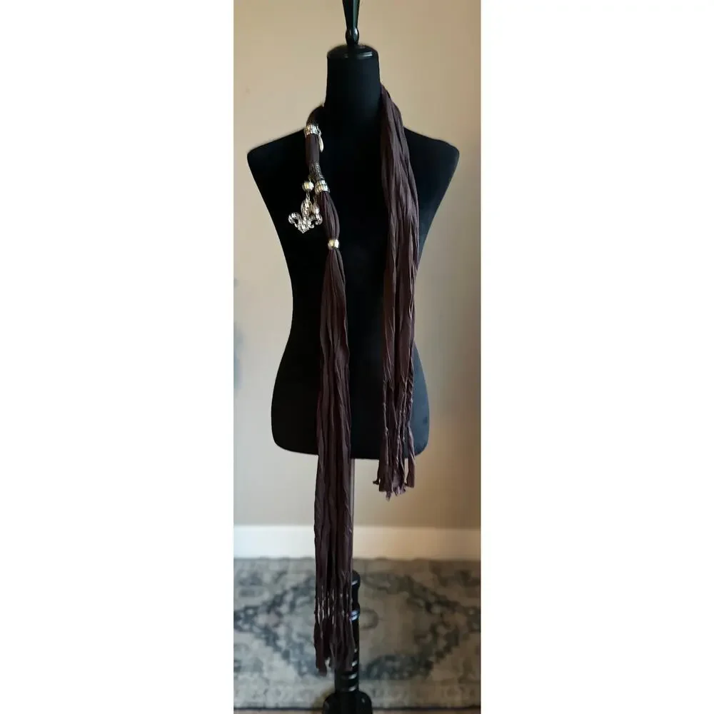 Y2K Fleur De Lis Chocolate Brown Silk Blend Fringe Silver Beaded Skinny Scarf